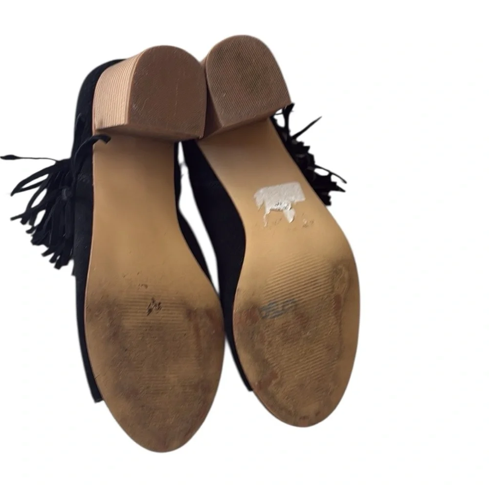 Kensie Erika Fringe Peep toe ankle boots, black leather,  side zip, 9.5
